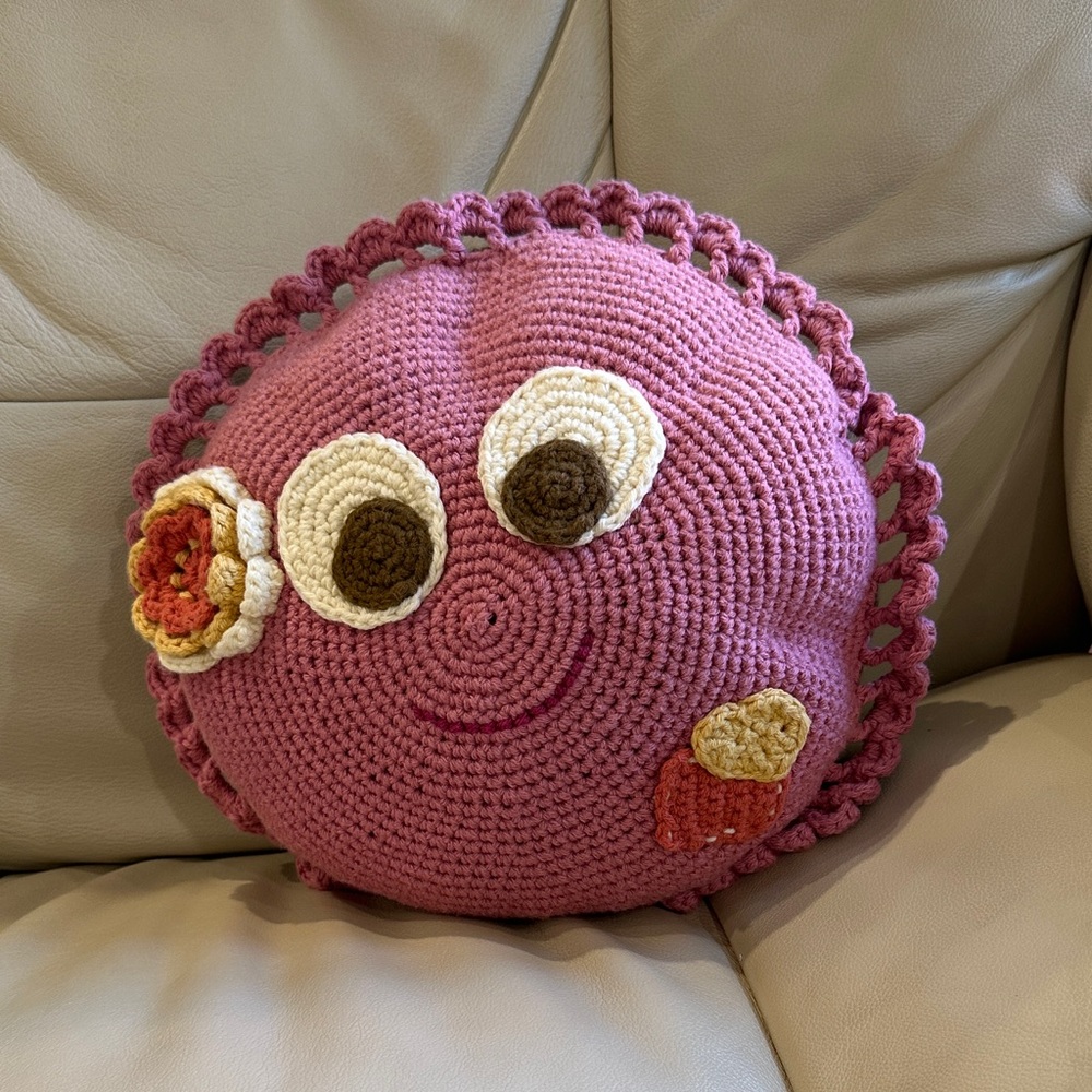 Pink Crochet Smiley Face Pillow
